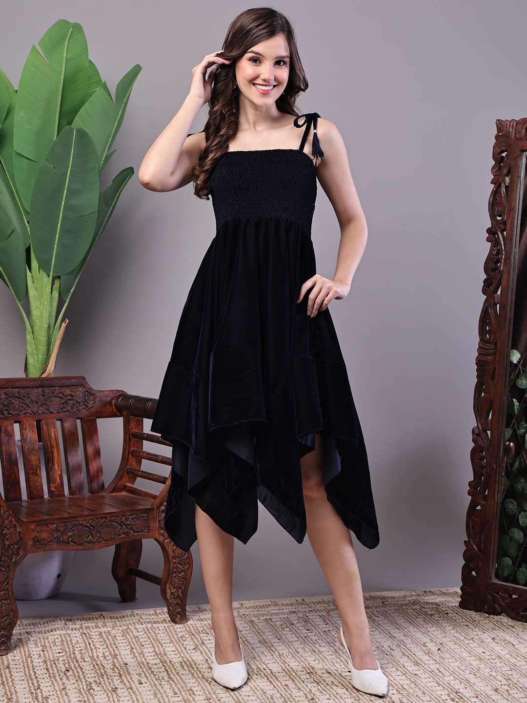 Women's Junglee Black Velvet Party Midi Dress with Asymmetrical Hemline Midi Dresses - Image 3