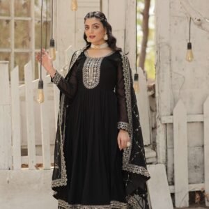 Black Faux Blooming Sequins Embroidered Gown with Matching Dupatta ? Festive & Party Wear 2024